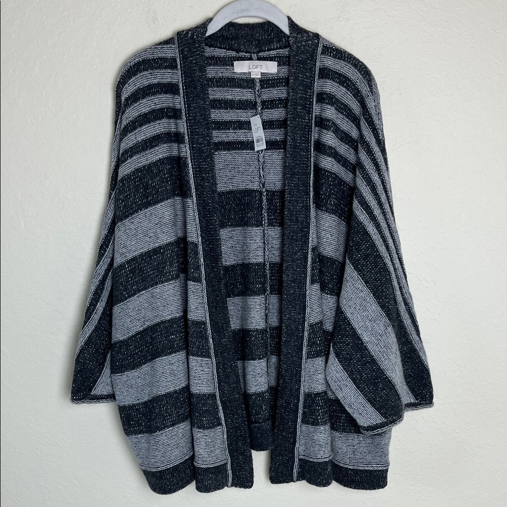 LOFT Cozy Charcoal and Light Gray Striped Open Cardigan Sz M NWT